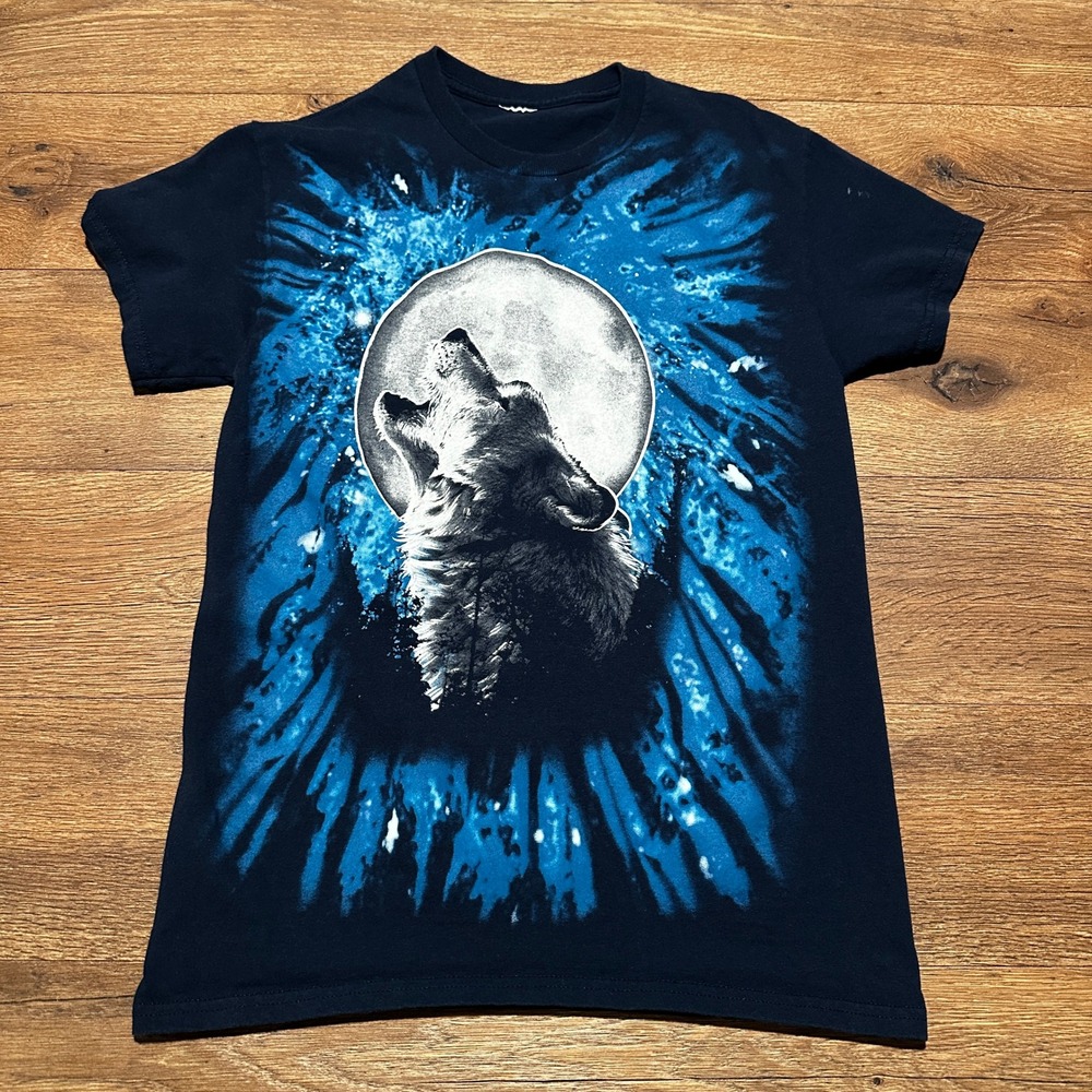 Vintage‎ Unbranded Blue Howling Wolf Full Moon Graphic T-Shirt Mens Small